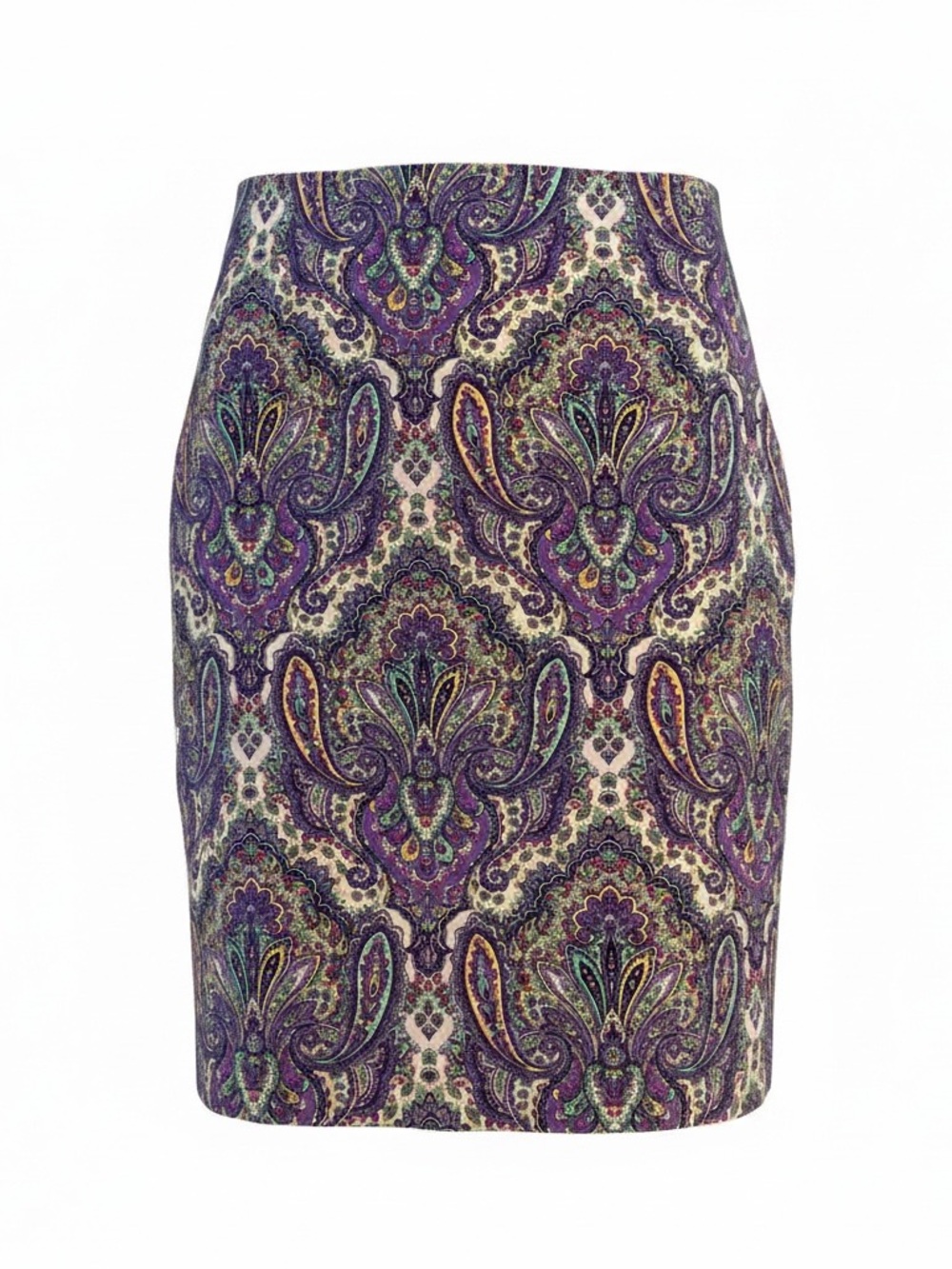 J. Crew Purple Paisley Pencil Skirt with Cream & Teal Accents